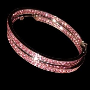 Pink Rhinestone Silver Hoop Earrings Crystal Channel Hoops Sparkling Rhinestones